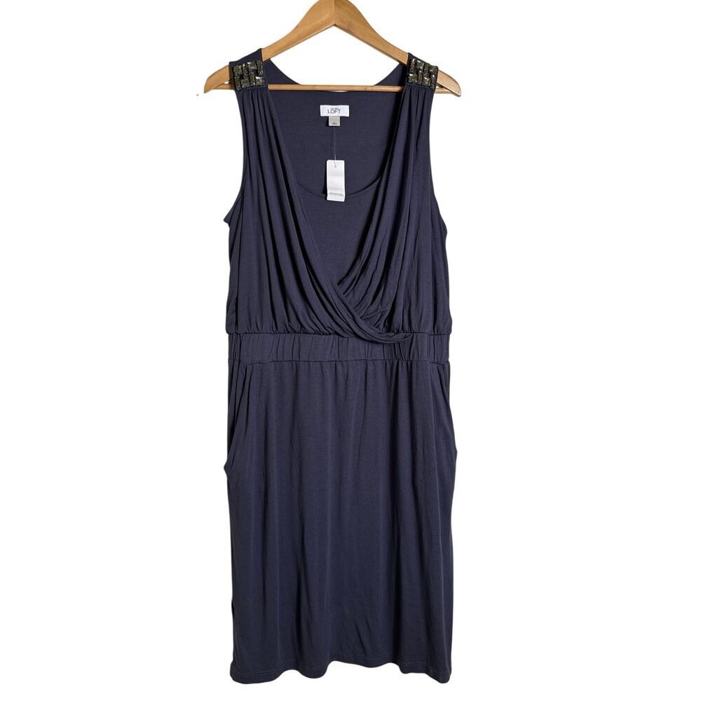 Ann Taylor LOFT Women's Rayon Draped Beaded Surplice Dress Size L Slate Blue NWT